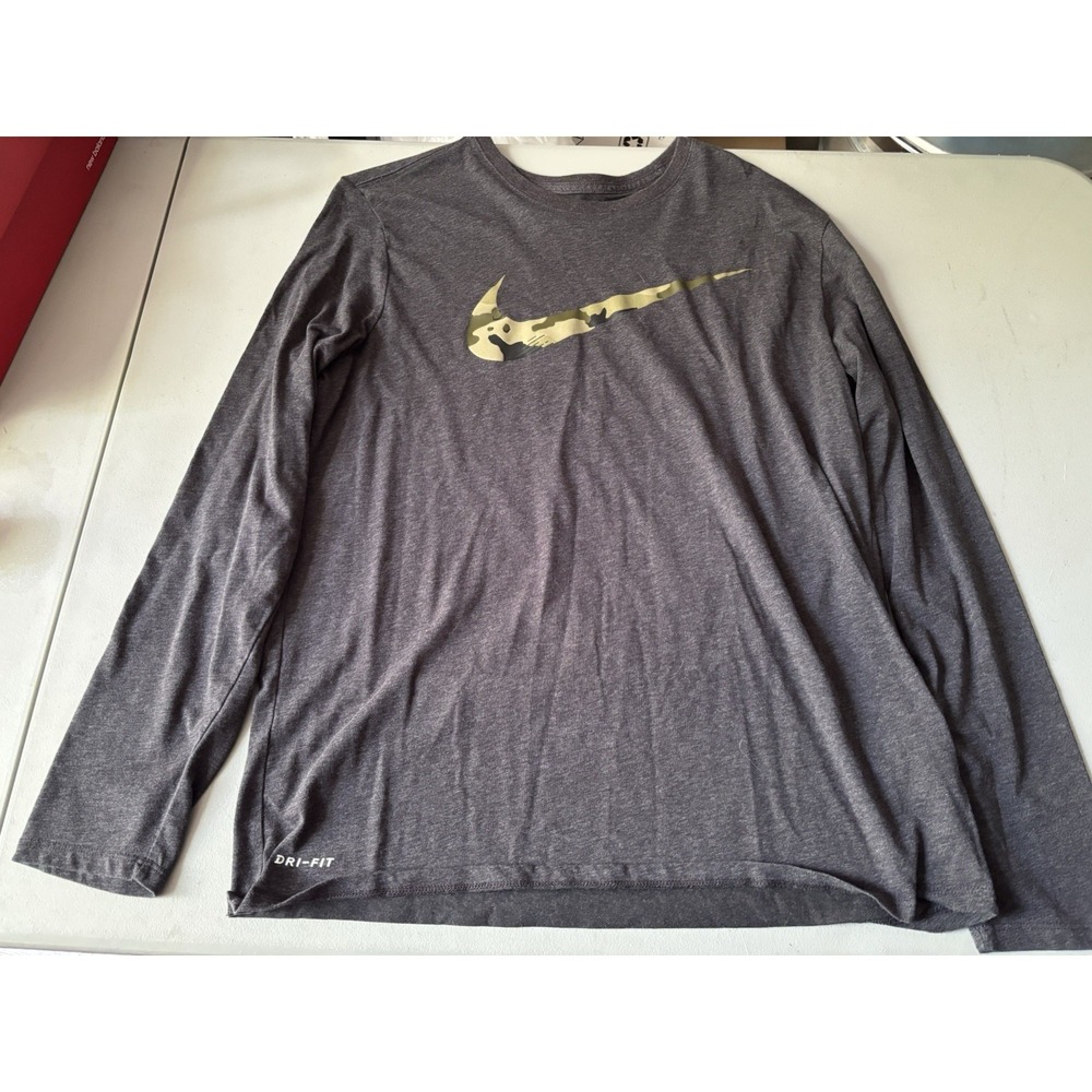 NIKE Men Long Sleeve Camo Swoosh T Shirt Large Dri-Fit Black